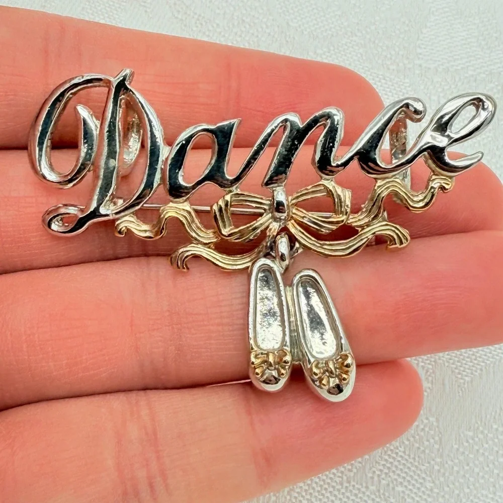 Vintage Mixed Silver and Gold Tone DANCE Bow Ballet Slippers Pin Brooch Pendant